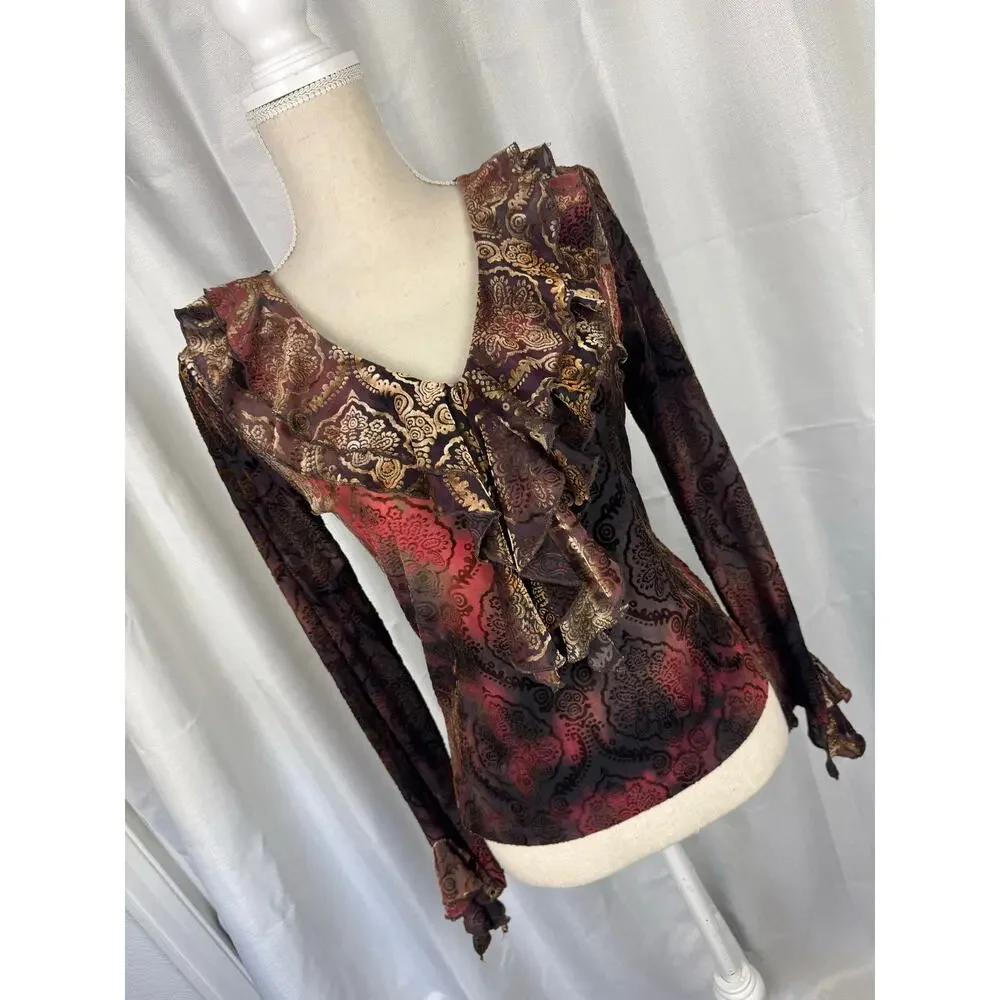 DressBarn Burnout Velvet Mesh Ruffle Top Sheer Floral Metallic Bell Sleeve - Picture 3 of 7